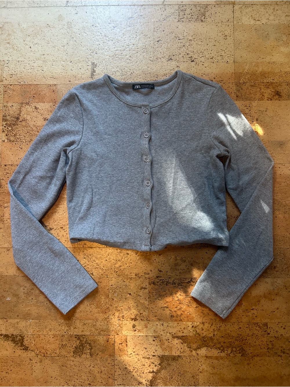 Zara Gray Cropped Ribbed Button-Up Cardigan